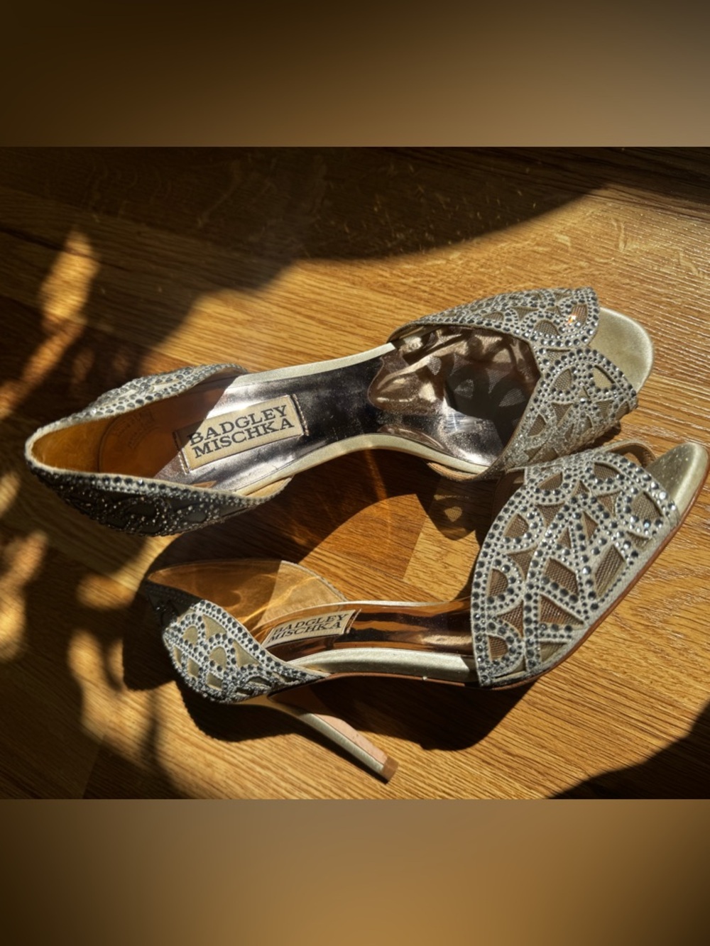 Badgley Mischka Silver Crystal Open-Toe Heels